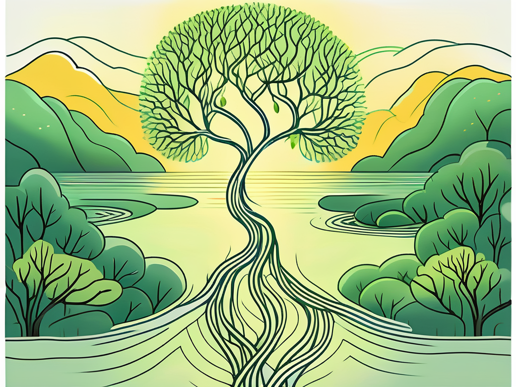 A serene natural landscape with a symbolic representation of the vagus nerve as a glowing pathway