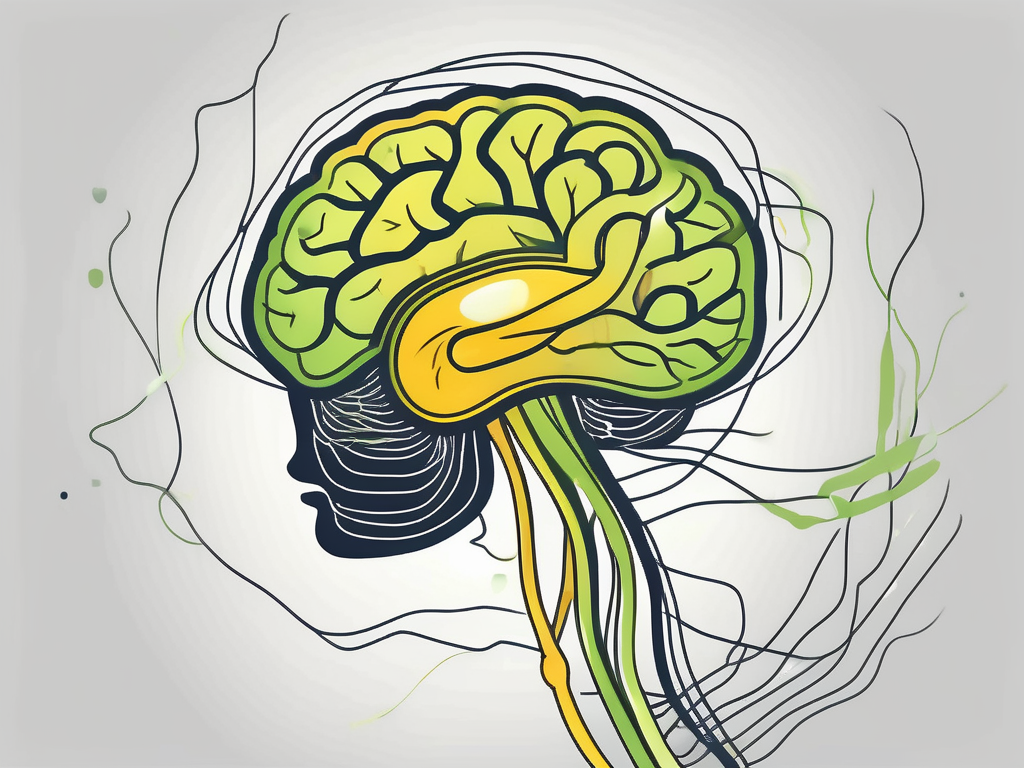 A brain with highlighted vagus nerve connected to a symbolic representation of emotions