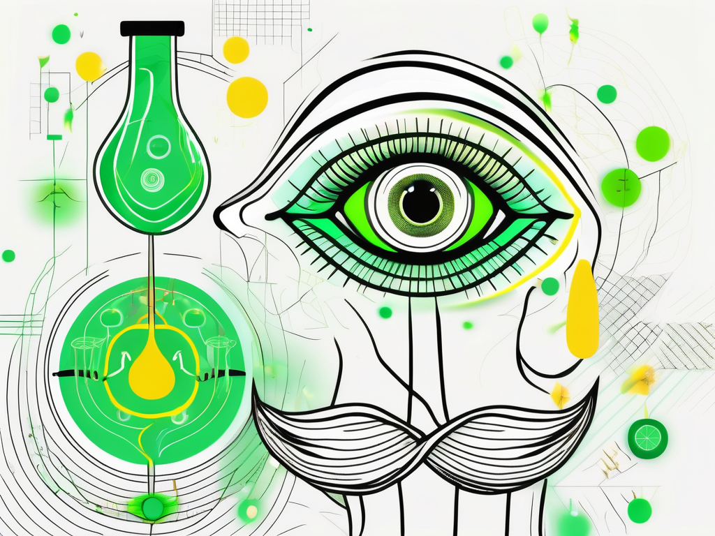 A pair of eyes with glowing health surrounded by symbolic representations of the vagus nerve and subtle indications of exercise