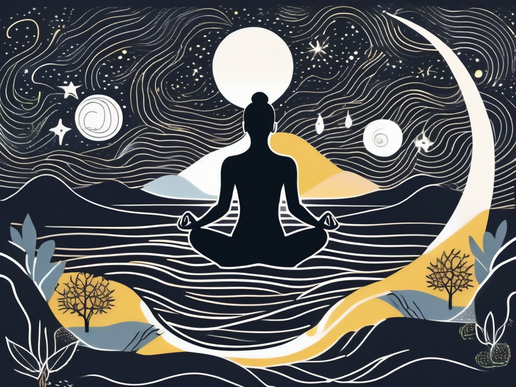 A peaceful nighttime setting with a silhouette of a person in a yoga pose