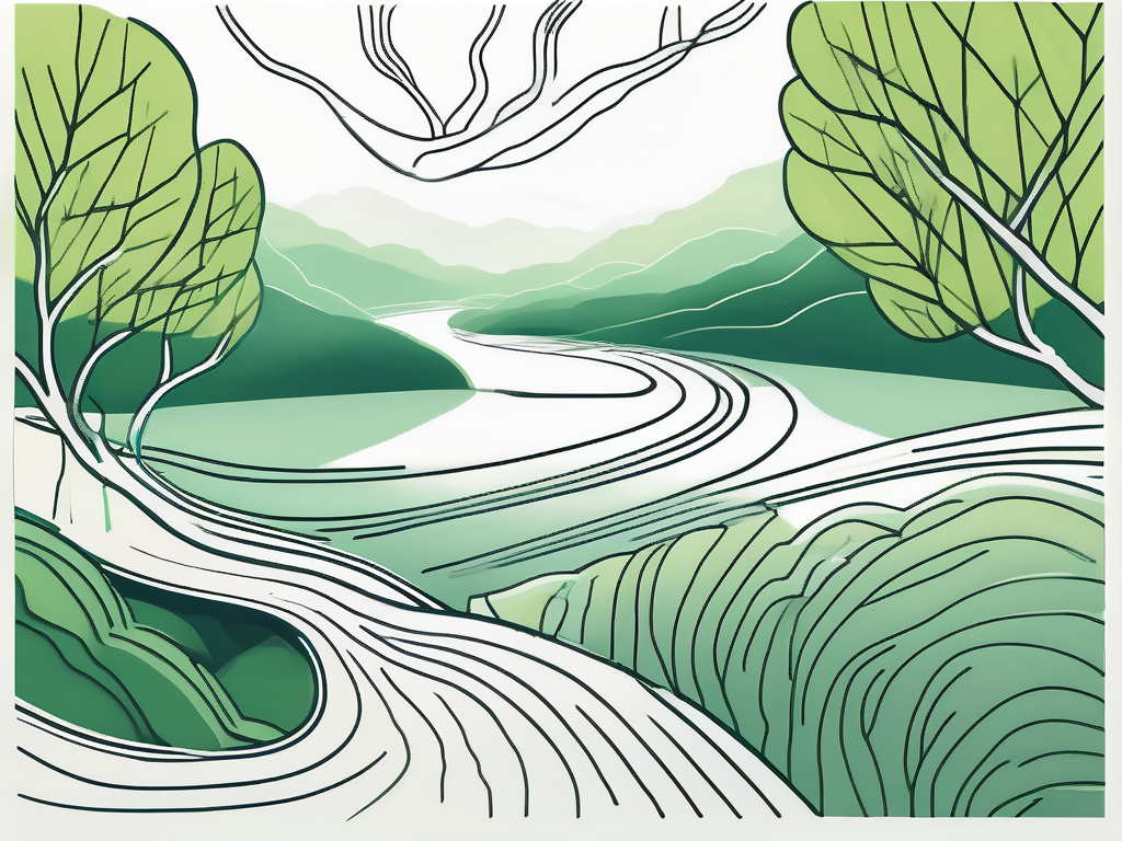 A serene natural landscape with a symbolic representation of a nerve in the foreground